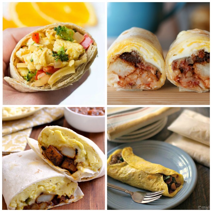 Four breakfast burritos. Four different breakfast burritos, one on a plate, one being hand held, and two on cutting boards.