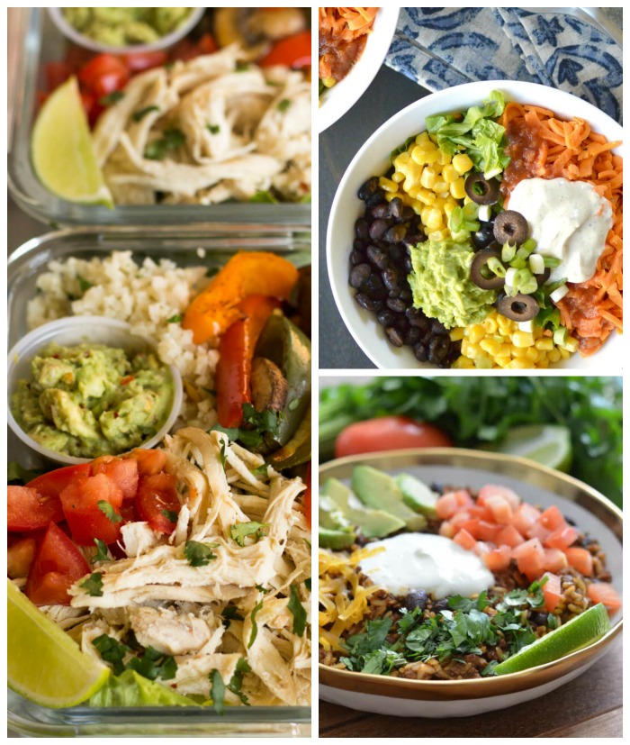 Three burrito breakfast bowls. A collage of three different burrito breakfast bowl recipes, one in meal prep containers, one in a white bowl, and one in a clear bowl.