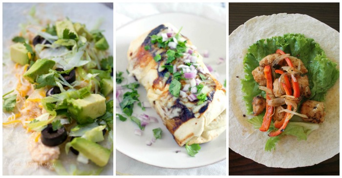 Three different chicken burrito recipes. Three images of different chicken burrito recipes, side by side horizontally.
