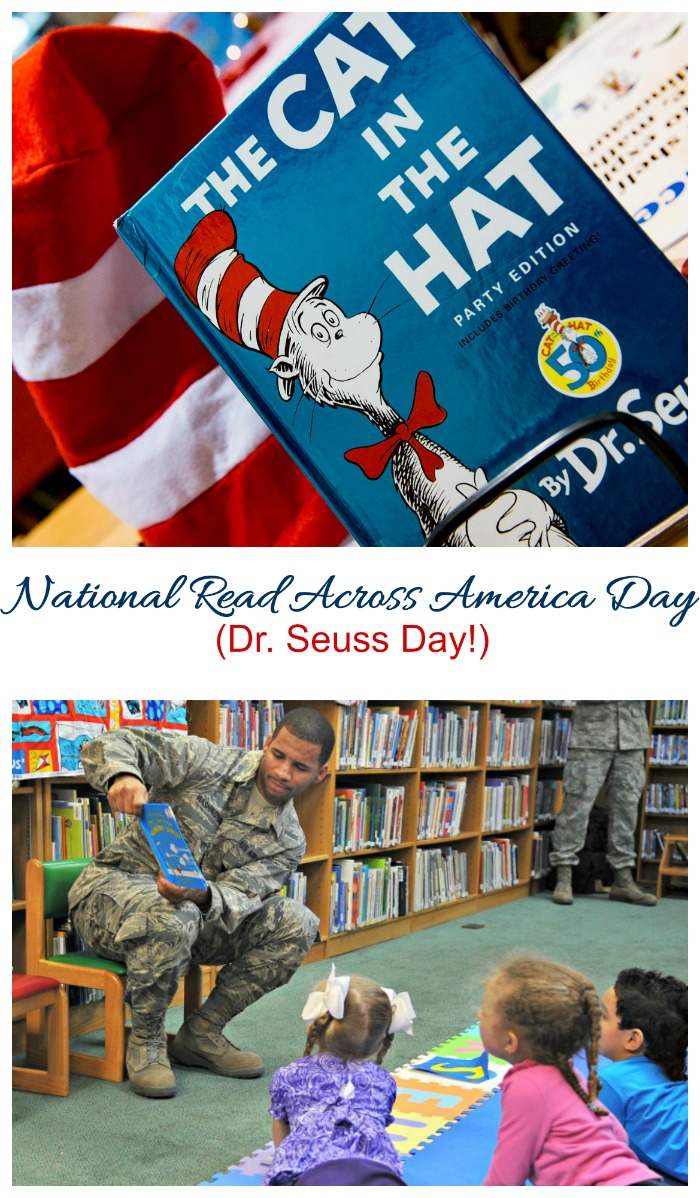 Cat in the hat book and a serviceman reading to children March 2 is recognized as National Read Across America Day. (also known as Dr. Seuss Day.)