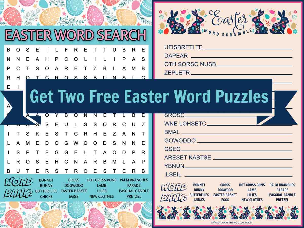 A free Easter word search and free Easter word scramble next to each other with a dark blue banner on top and a light blue text overlay that says get two free Easter word puzzles.