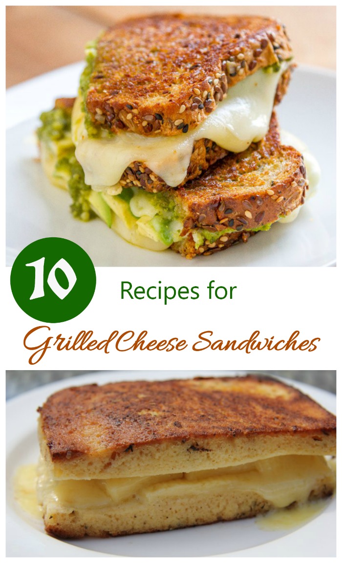 A collage with two pictures of grilled cheese sandwiches on it an a text overlay that reads "10 recipes for grilled cheese sandwiches".