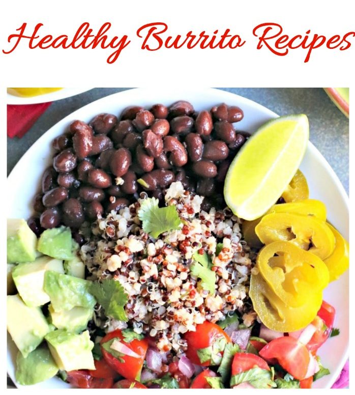 Healthy burrito bowl recipe. The text "healthy burrito recipes" above a burrito bowl with black beans, quinoa, avocado, and peppers.