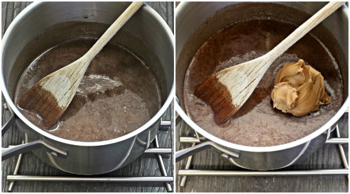 chocolate and peanut butter in a saucepan Making a chocolate and peanut butter mixture for the bird's nests