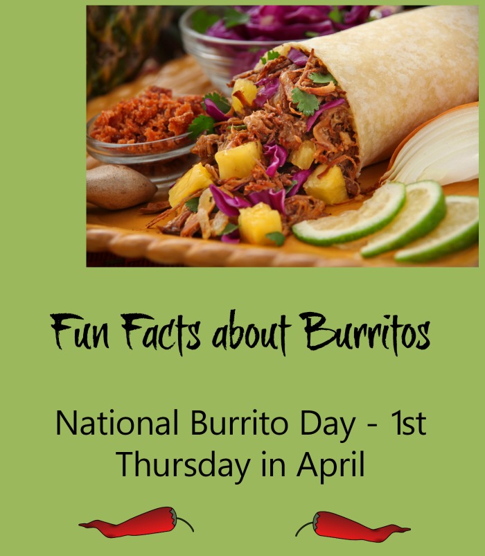 Burritos and trimmings with text overlay. A burrito with its contents overflowing on a cutting board next to ingredients in bowls with a text overlay that says "fun facts about burritos for National Burrito Day - 1st Thursday in April".
