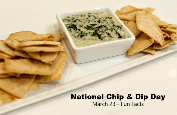 Spinach dip with pita chips Fun Facts for National Chip and Dip Day