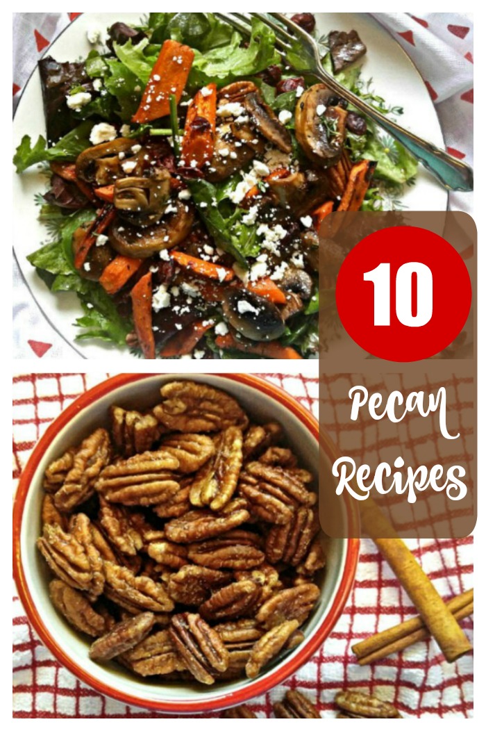 A pecan salad and bowl of pecans with text overlay. A greens salad with cheese, mushrooms, carrots and pecans, above a bowl of pecans with a text overlay that reads "10 pecan recipes".