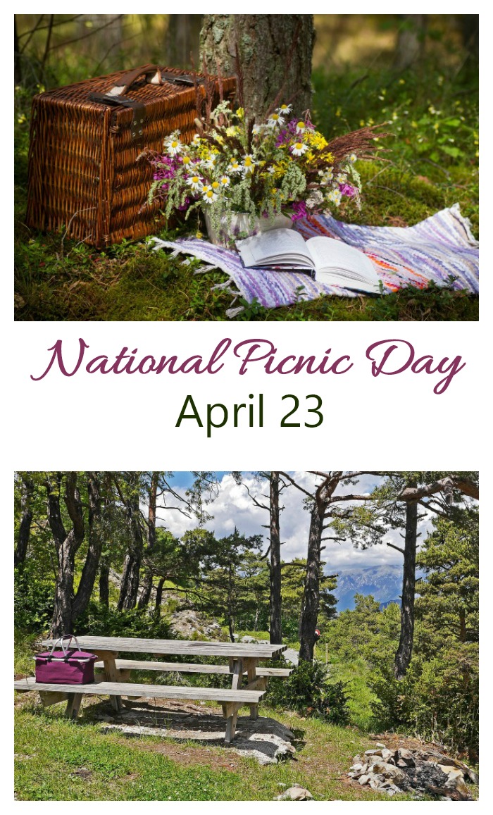 Picnic basket and woodland scene with picnic table April 23 is National Picnic Day. Find out about the origins of picnics and get some ideas for things to take on a picnic.