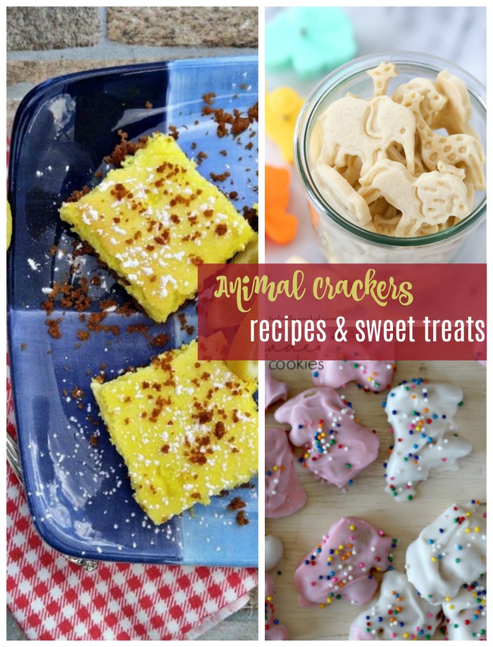 Animal cracker recipes collage featuring photos of - lemon bars, shortbread cookies and homemade animal crackers with icing.