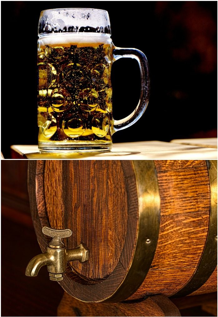 Beer glass and beer keg. A mug of beer against a black background and a barrel with a tap filled with beer to celebrate National Beer Day.