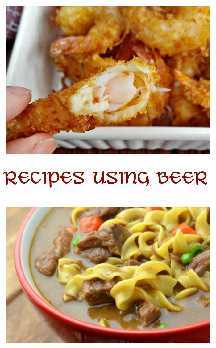 A beer recipes collage. The words "recipes using beer" in between two beer recipes, the top one being beer battered shrimp, and the bottom being beef stew.