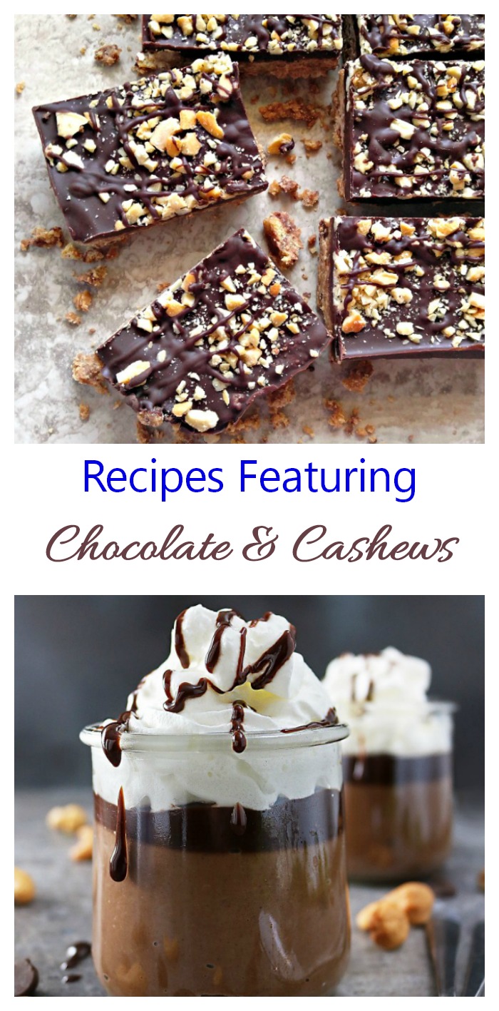 A text overlay reading "recipes featuring chocolate and cashews" between two recipes that feature cashews and chocolate.