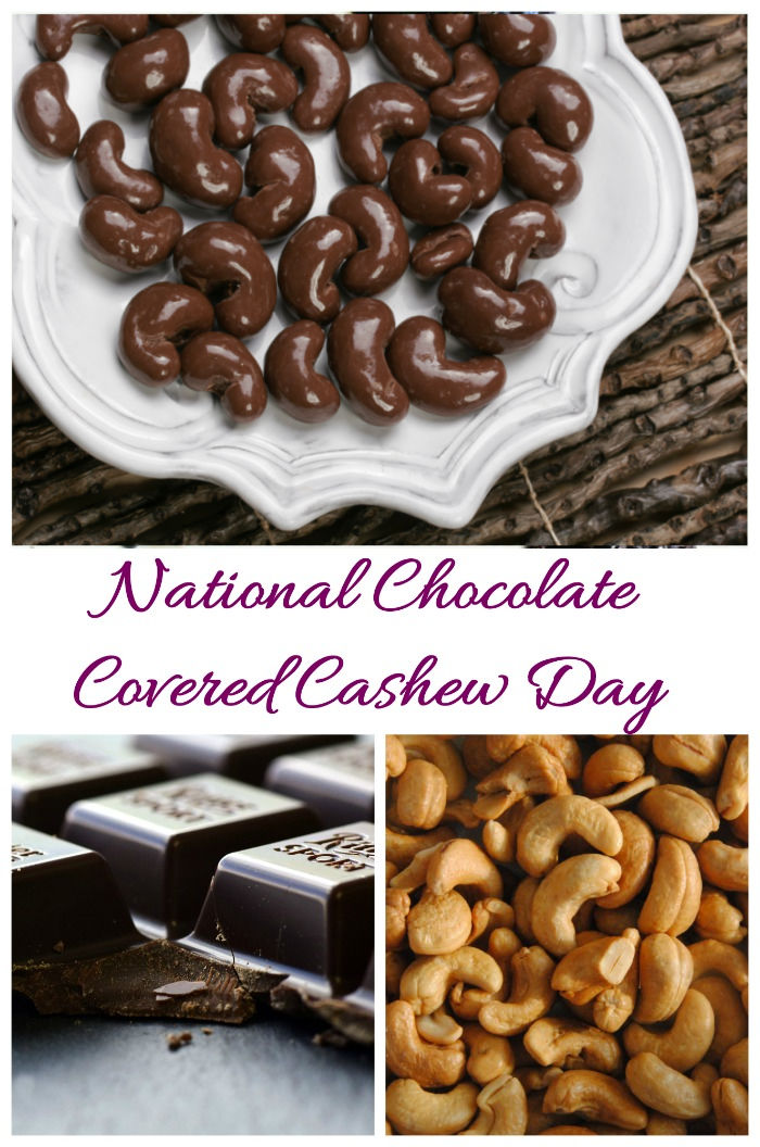 Chocolate and cashews in a collage with words National Chocolate Covered Cashews Day.