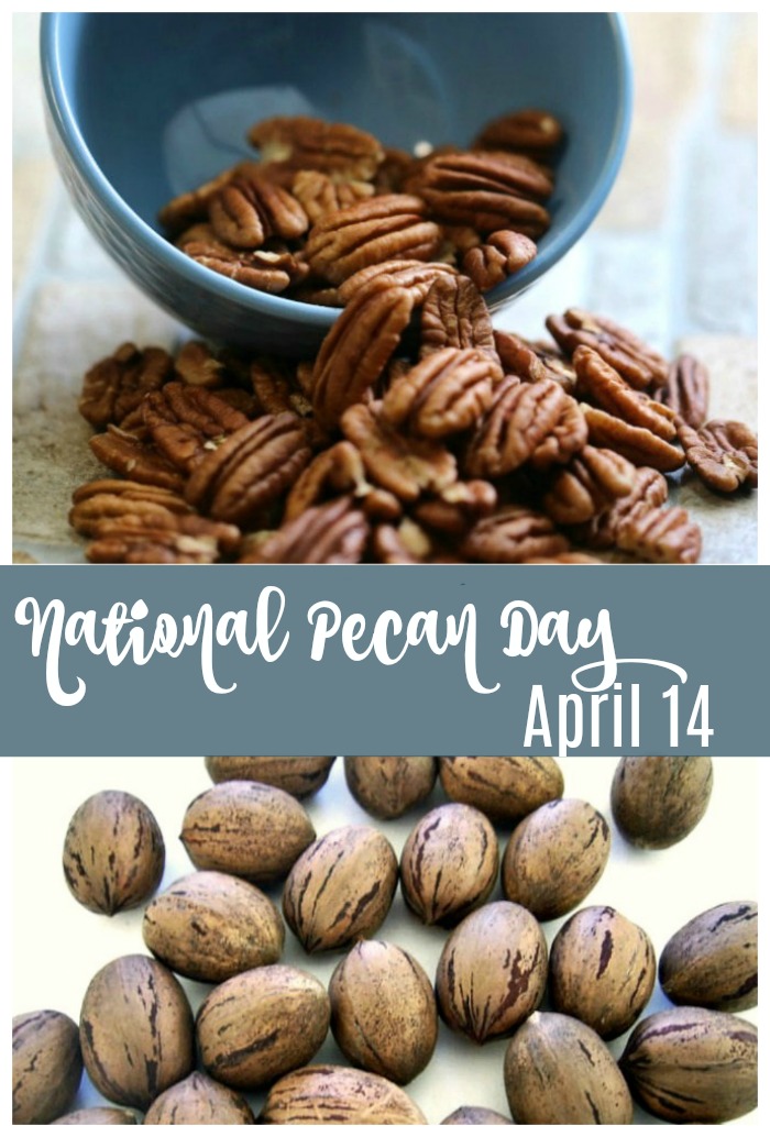 Shelled and unshelled pecans with a text overlay. A bowl of shelled pecans spilling onto a counter above a pile of pecans in their shells with a text overlay that reads "National Pecan Day, April 14".
