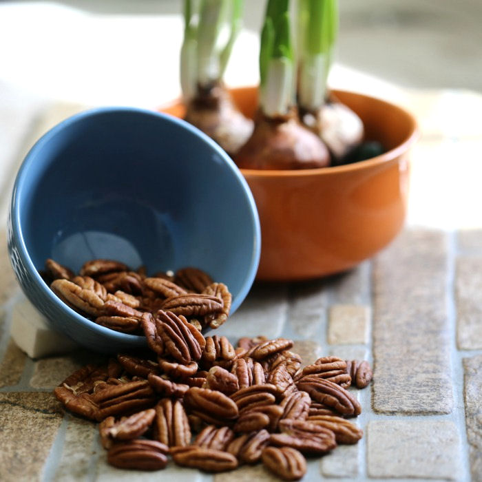 A blue bowl spilling shelled pecans onto a counter, next to an orange bowl growing garlic.