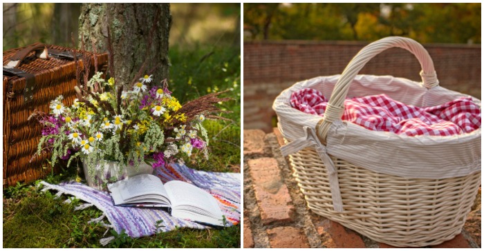 National Picnic Day collage A collage of two images for National Picnic Day including a bouquet of flowers on a picnic blanket, and a picnic basket on a brick walkway.