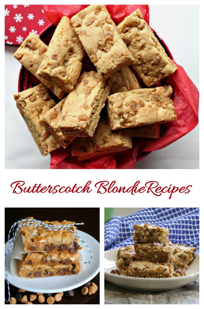 Butterscotch blondie recipes. Three different photos of butterscotch brownies and blondies with a text overlay reading "butterscotch blondie recipes".