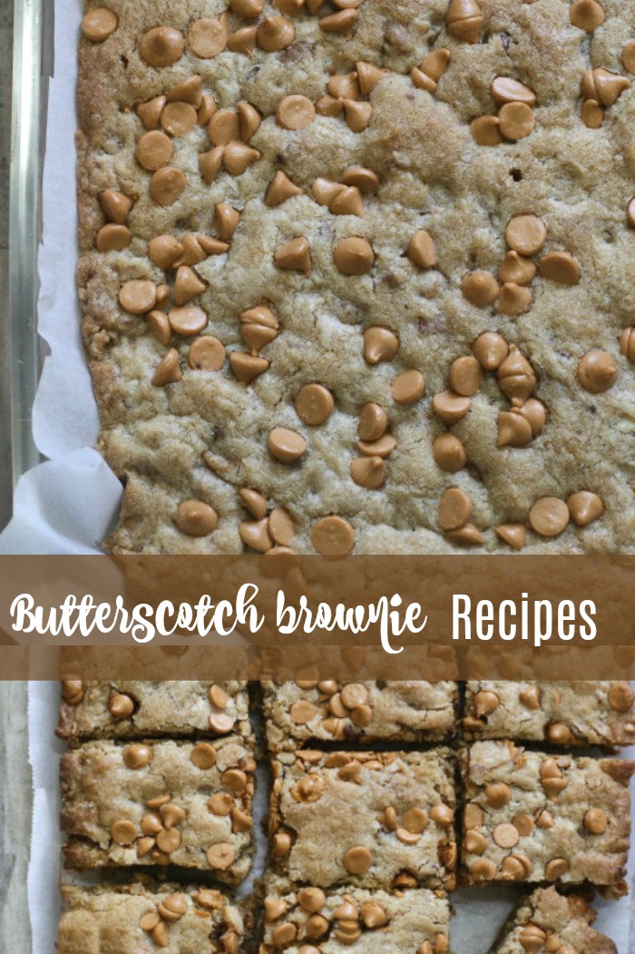 Butterscotch brownies with a text overlay. A sheet pan of baked butterscotch brownies with a text overlay that reads "butterscotch brownie recipes".