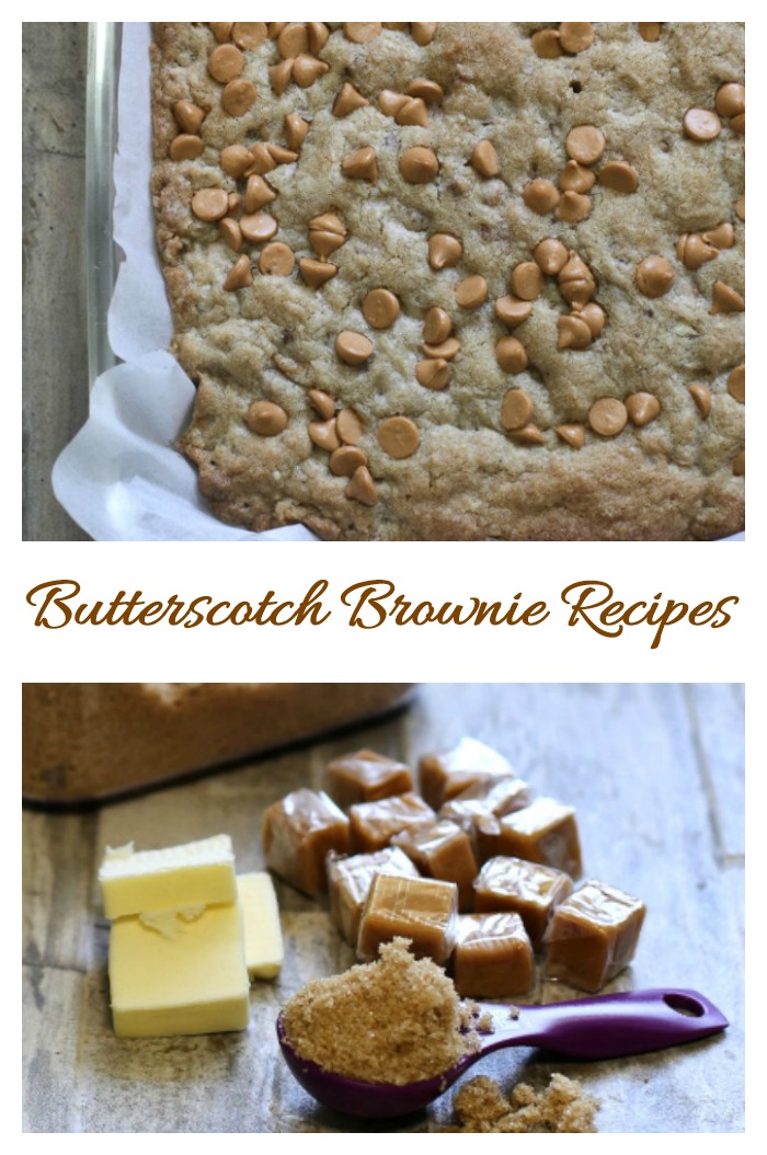 Butterscotch brownies. The words "butterscotch brownie recipes" in between two photos, on of butterscotch brownies, and one of the ingredients to make the recipe.
