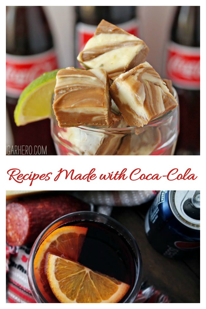 Recipes made with coca cola. The text "recipes made with Coca-Cola" between a photo of fudge made with Coke, and a beverage made with Coke.
