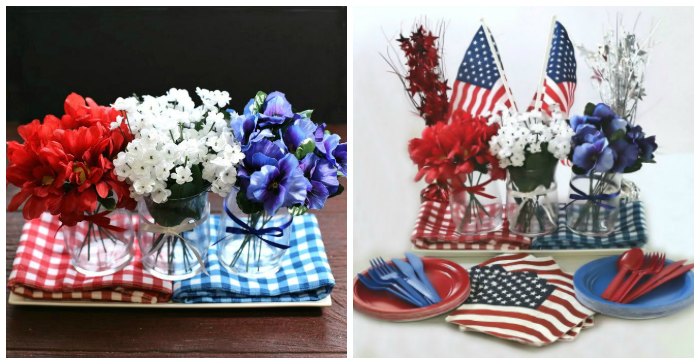 A collage of Independence Day decorations. On the left, there's a patriotic centerpiece with red white and blue flowers, sitting on red, white and blue checked napkins, and on the right there's the same centerpiece, this time with flags and stars added, and with napkins, cutlery and paper plates in front of it.