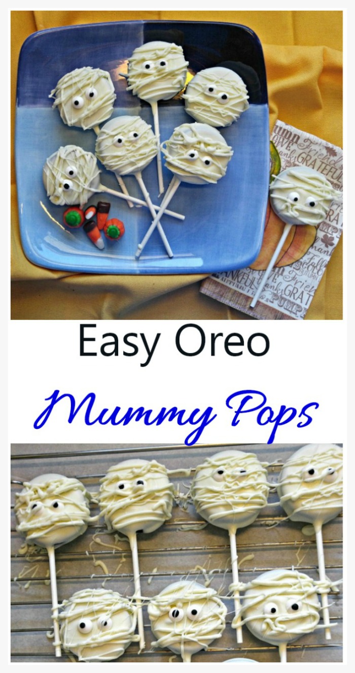 Mummy pops on a plate and wire rack Mummy cake pops made from Oreo cookies