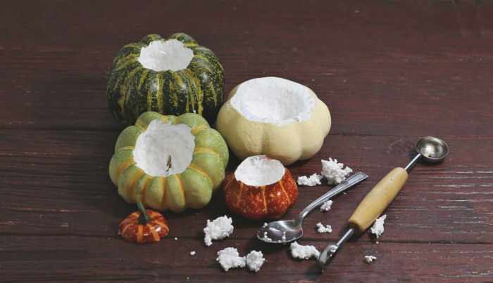 foam pumpkins made into small planters Hollowed out faux pumpkins