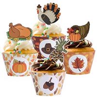 Amosfun 48 Pcs Thanksgiving Cupcake Toppers and Wrappers Decoration Set Food Fruit Picks for Party Decoration