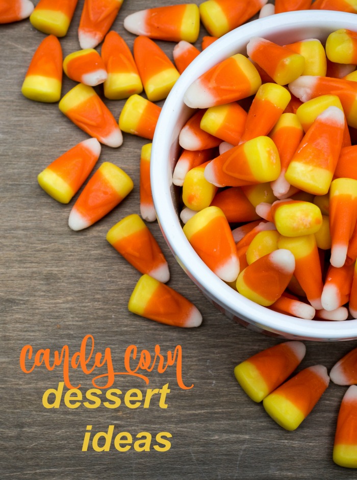 Bowl of candy corn bowl of candy corn and text reading "candy corn dessert ideas."