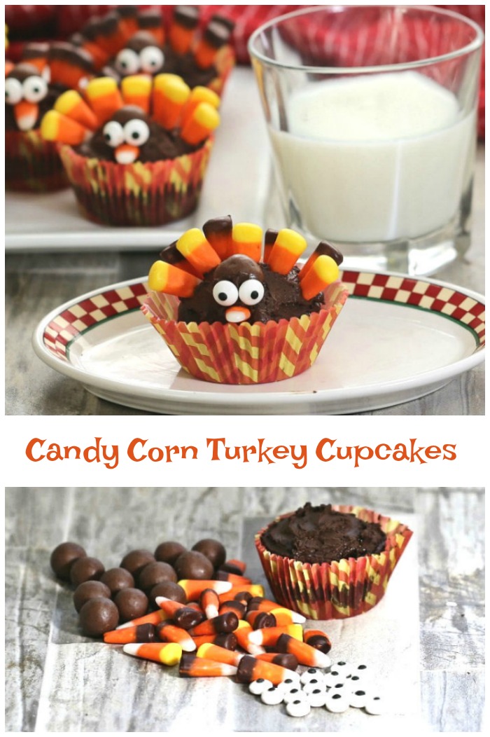 candy corn turkey cupcakes Chocolate cupcakes shaped like turkeys with words reading "Candy corn turkey cupcakes."