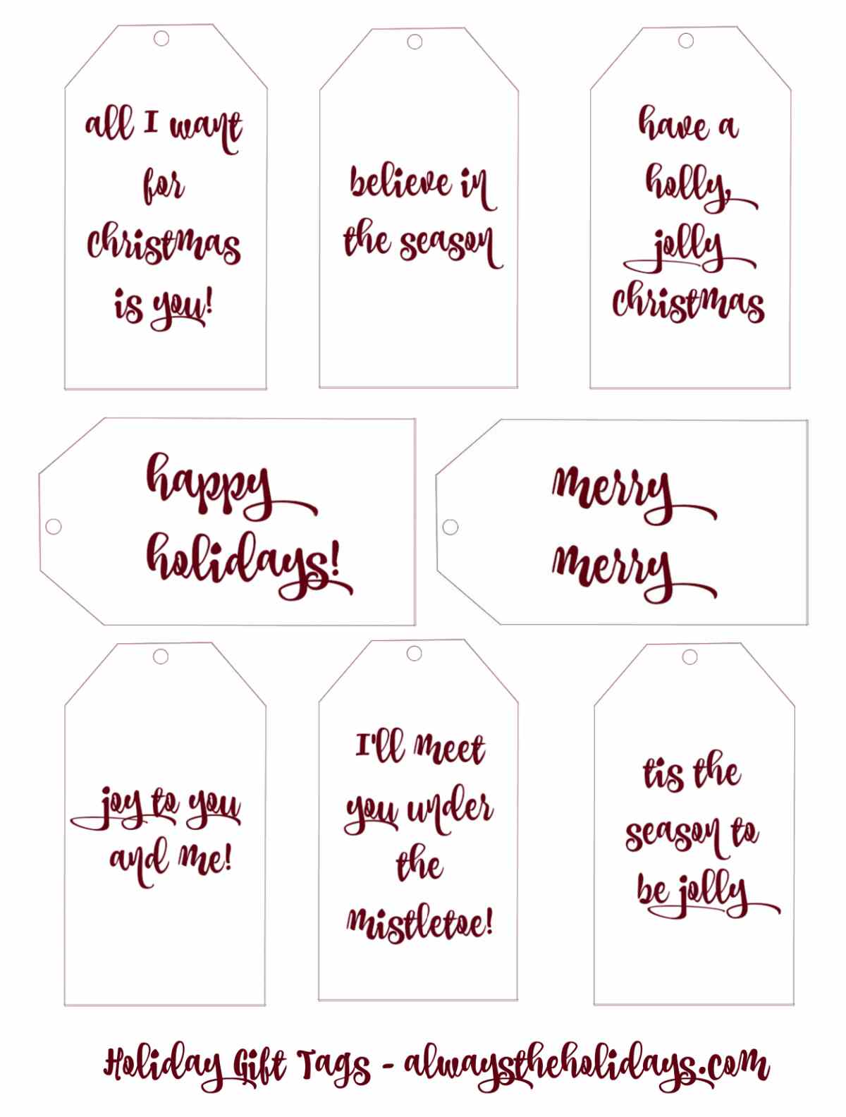 These printable Christmas gift tags are simple with a modern look to them. Each of the holiday labels contains a different seasonal message #printablechristmasgifttags #holidaylabels Holiday labels to print out with messages .