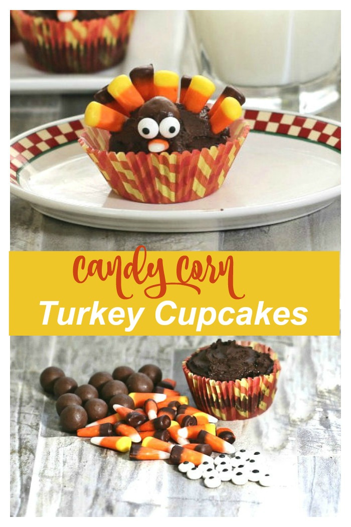 Making candy corn turkey cupcakes. Collage of a turkey cupcake and candy and cupcake on a counter with words reading "Candy corn turkey cupcakes."