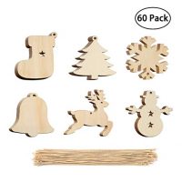 60 Pieces Christmas Tree Wooden Ornaments Hanging Set - Snowman, Tree, Bell, Snowflake, Elk, Santa Sock with 60 Pieces Crafts Twines