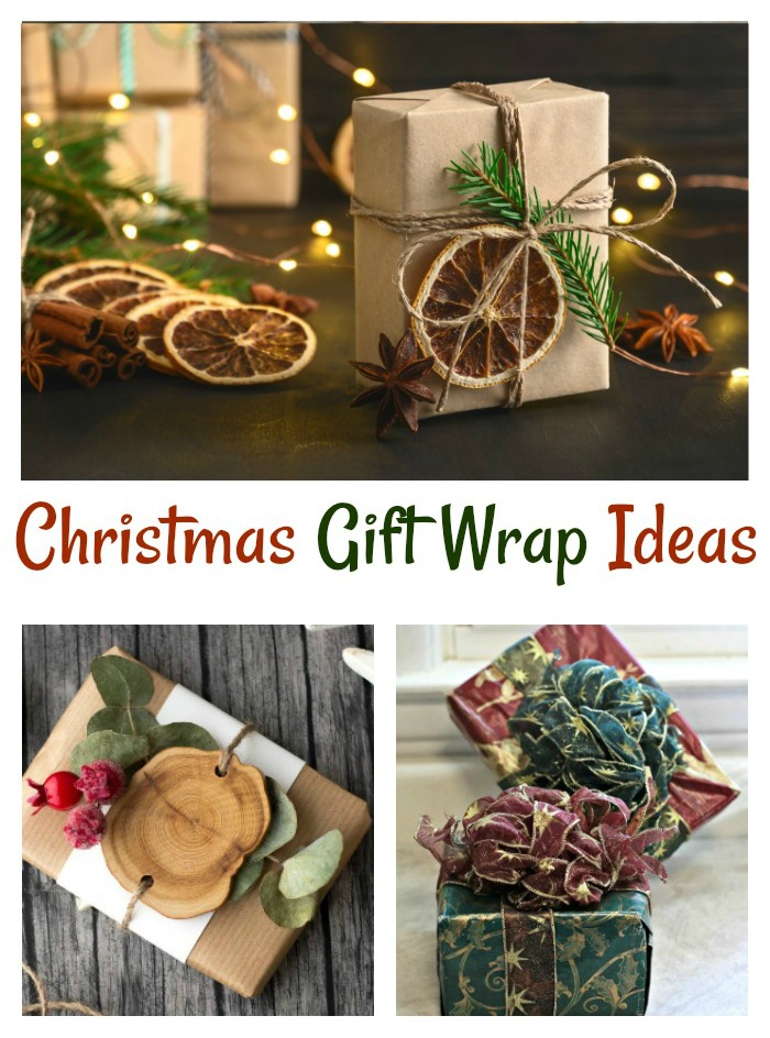 eco-friendly gifts and presents with wire ribbon in a collage with text reading "Christmas gfit wrap ideas."