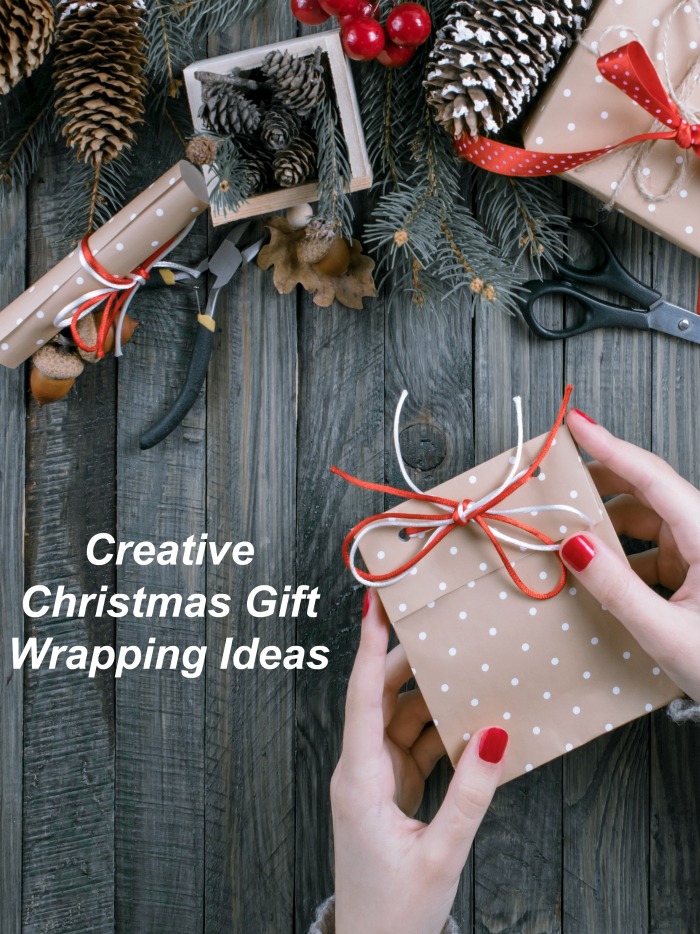 Creative Christmas gift wrapping ideas Female hands holding a present with supplies and text reading "Creative Christmas gift wrapping ideas."