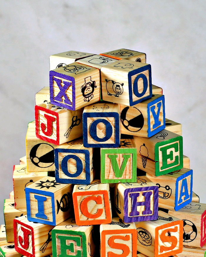 Alphabet blocks in the shape of a tree.