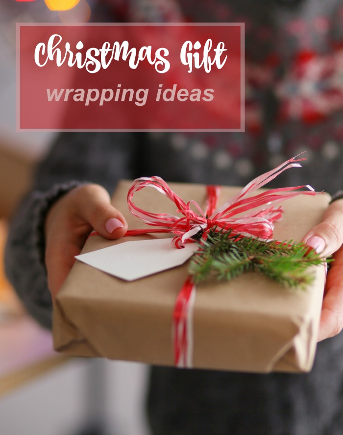 Christmas gift wrapping ideas Woman holding present with text reading :"Christmas gift wrapping ideas."