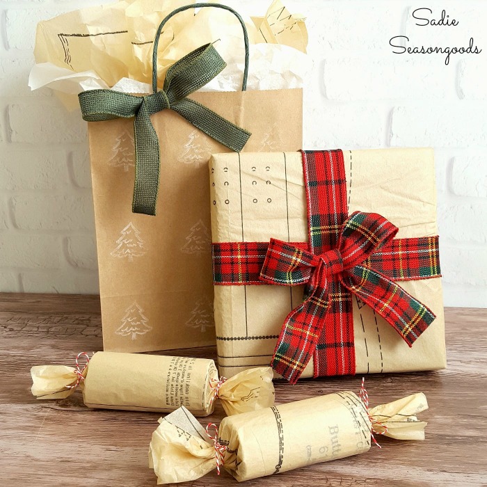 Christmas gifts wrapped in sewing patterns. Sewing pattern Christmas gifts by Sadie Seasongoods.