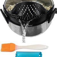 Clip-on kitchen food strainer for spaghetti, pasta, and ground beef grease, colander and sieve snaps on bowls, pots and pans, Set includes silicone strainer brush & garlic peeler by Salbree, Black
