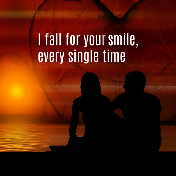 People on a beach with a quote and sunset I fall for your smile, every single time.