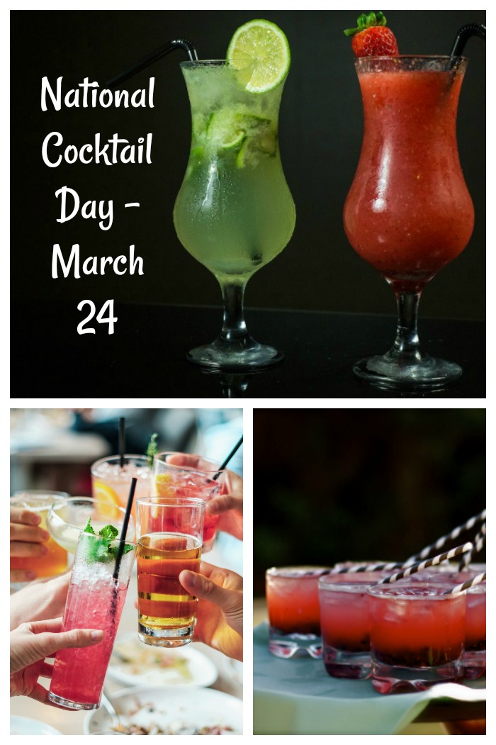 National cocktail day image collage. A collage of images for National Cocktail day on March 24 - the top image has a green cocktail and red cocktail, the bottom left has five cocktails clinking together, and the right has a tray of pink cocktails with paper straws.