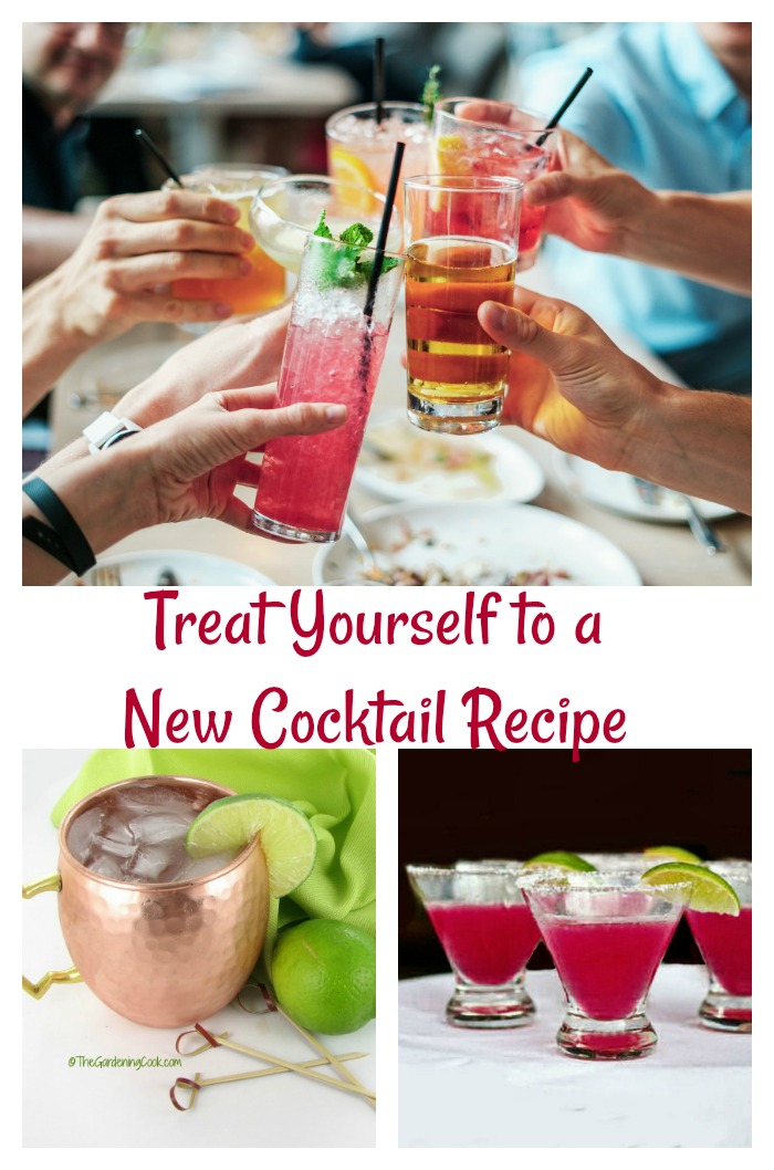 A collage of cocktail images for National Cocktail Day. A collage of images, one has five friends clinking cocktails at a table, one has a moscow mule in a copper mug, and one has a cosmopolitan, and the entire collage has a text overlay that says "Treat yourself to a new cocktail recipe".