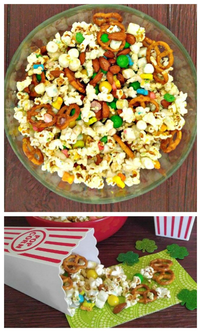 Lucky Charms snack mix in a bowl and also in a popcorn container.