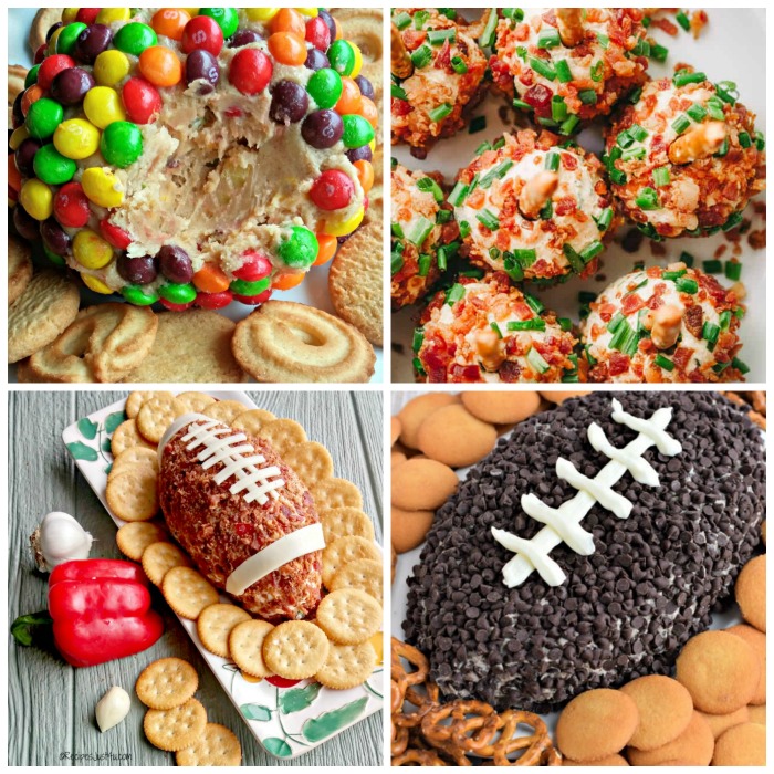Four photos of different cheese ball recipes in a collage.