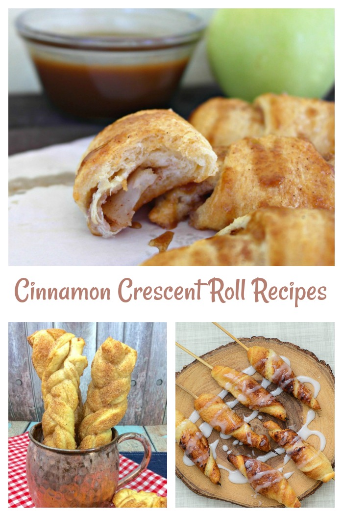 A cinnamon crescent rolls recipes collage. A collage of three different preparations of cinnamon crescent rolls with a text overlay reading "cinnamon crescent roll recipes".