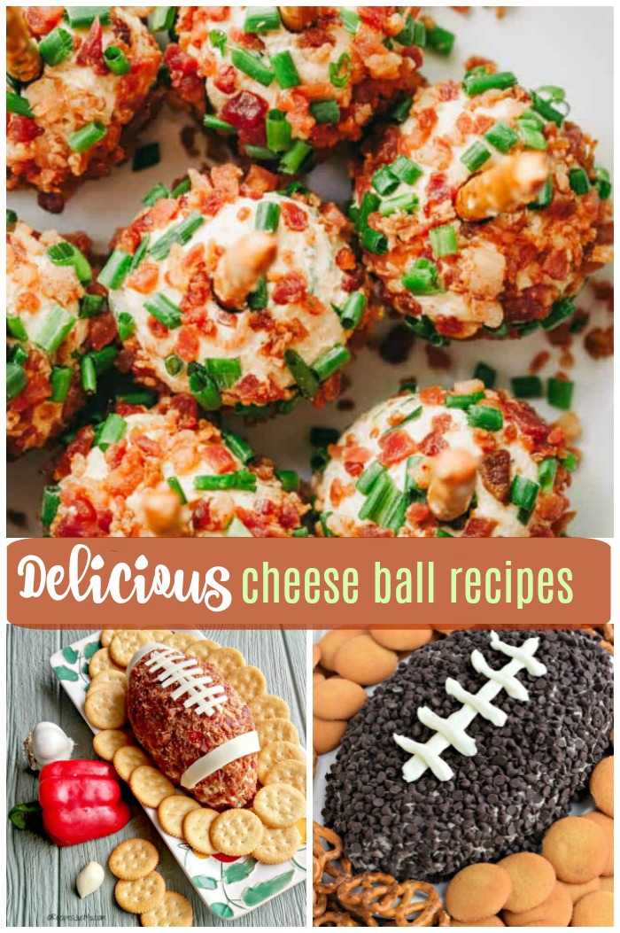 A cheese ball recipes collage. A collage of three cheese ball recipes, one shaped like a football, one decorated with crushed Oreos and one with bacon and chives and a text overlay that reads "delicious cheese ball recipes".