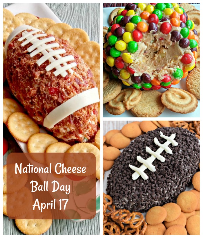 National Cheese Ball Day collage. A collage of three cheese ball recipes with a text overlay reading "National Cheese Ball Day is celebrated on April 17".