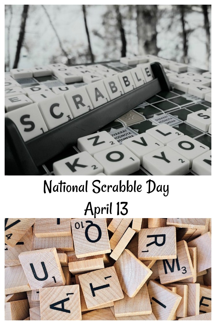 National Scrabble Day collage. A collage of Scrabble images (a pile of Scrabble tiles, and a Scrabble board) with a text overlay reading "National Scrabble Day, April 13".