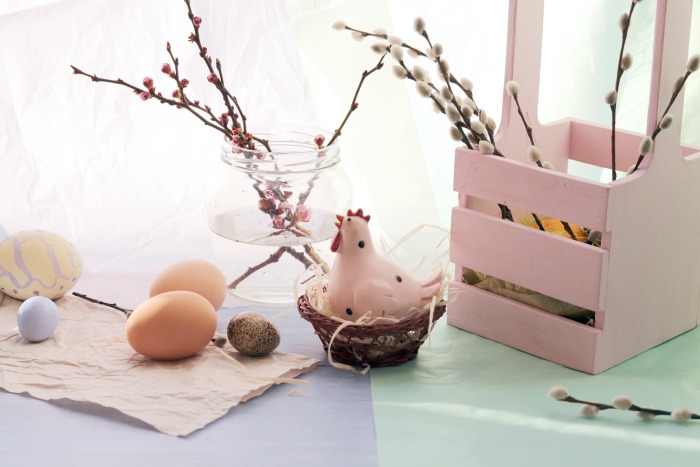 Pussy willows and pink pastel colored Easter Decor.