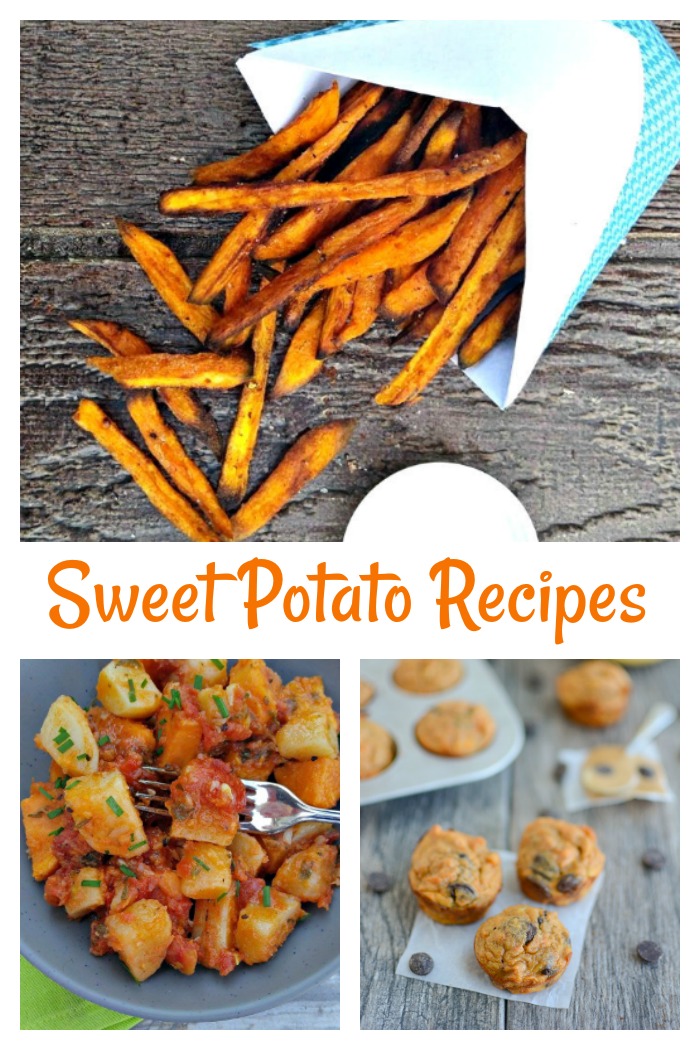 A sweet potato recipes collage. The phrase "Sweet Potato Recipes" in orange over a collage of sweet potato fries, sweet potato home fries, and sweet potato muffins.